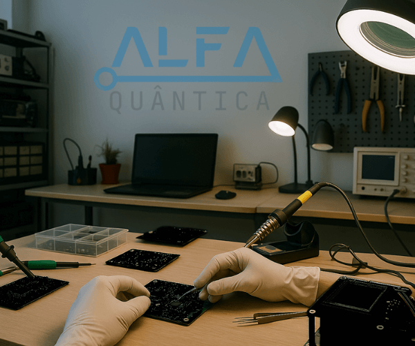 Espaço de trabalho da Alfa Quântica, focado em inovação biofisica e desenvolvimento de dispositivos